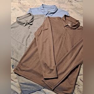Three Apt. 9 Men's Long Sleeve Polo Shirts- Brown, Gray & Light Blue All Size M